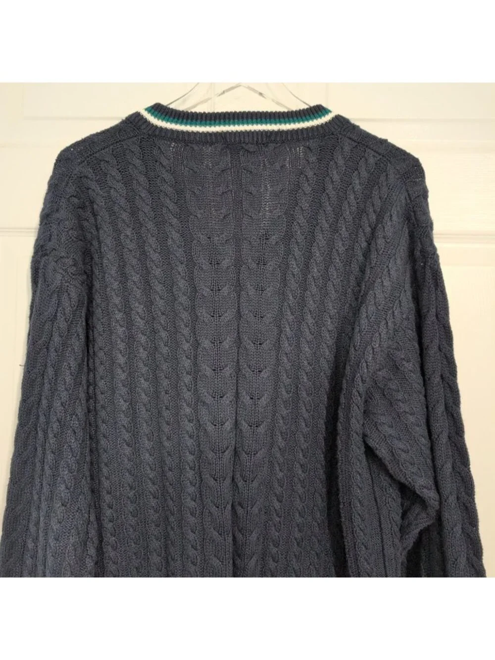 Vintage Fila Tennis Sweater Mens Size Large Blue Cable Knit V Neck Preppy Cotton